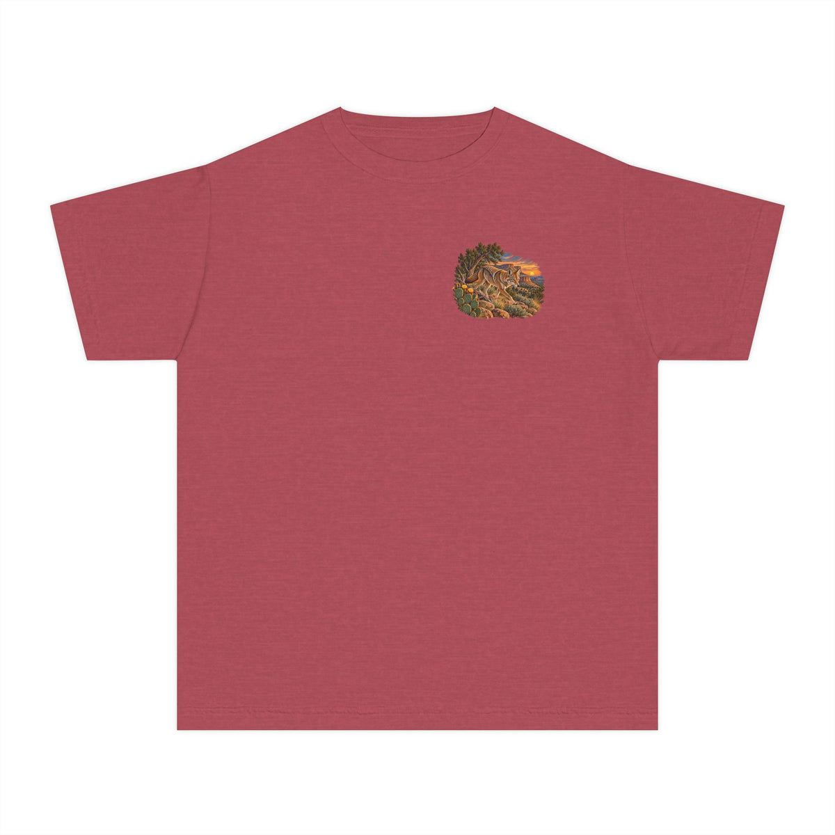 crimson youth Caprock Critters coyote tee with front and back West Texas wildlife artwork.