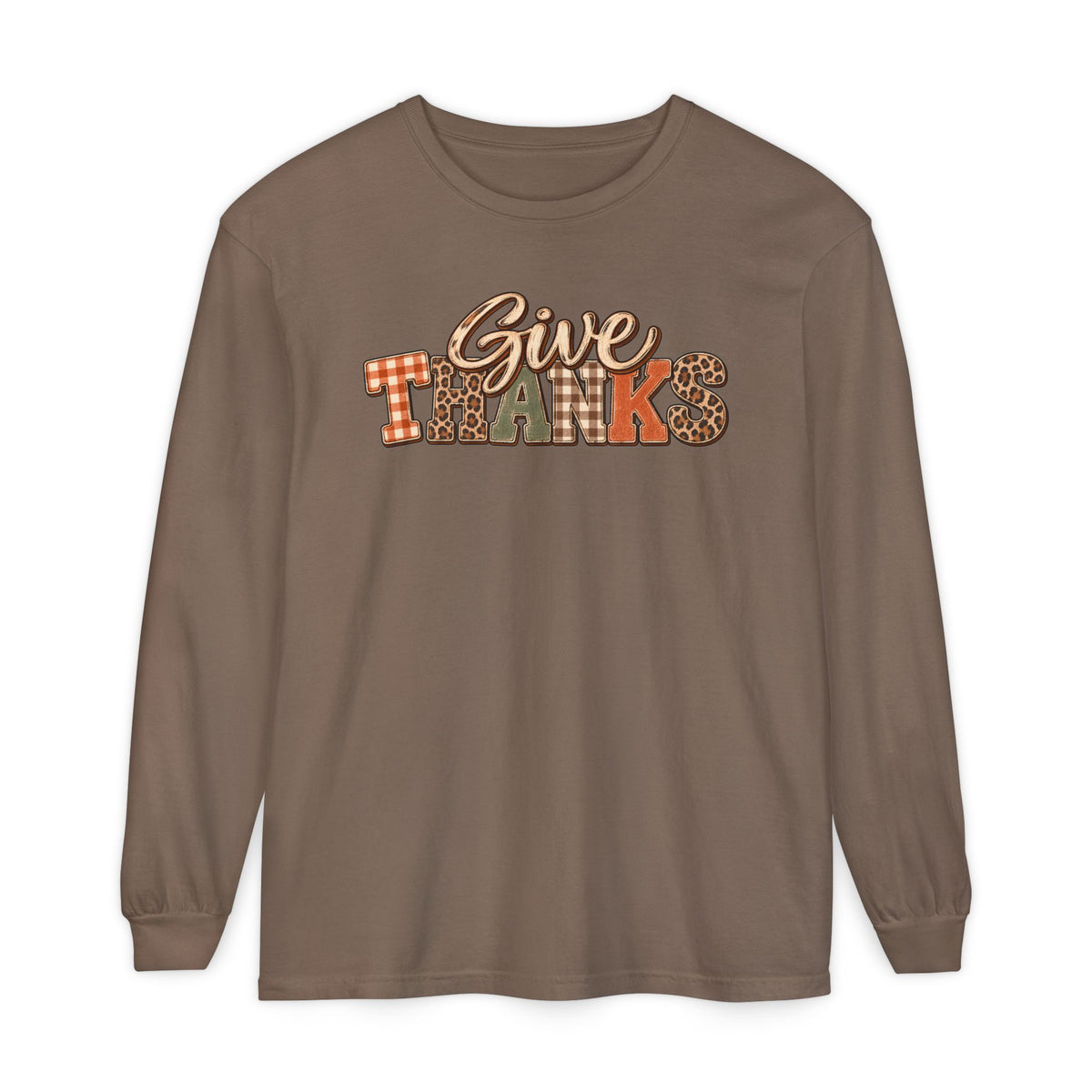 Give Thanks Long Sleeve Shirt — Thanksgiving Plaid & Leopard Graphic