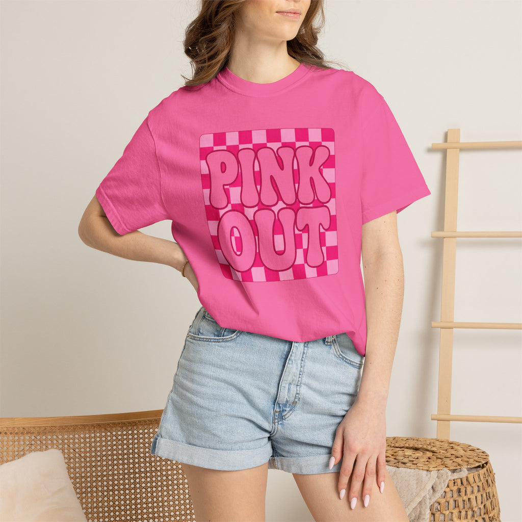 Pink Out Checkerboard T-Shirt — Retro Bubble Letter Graphic Tee