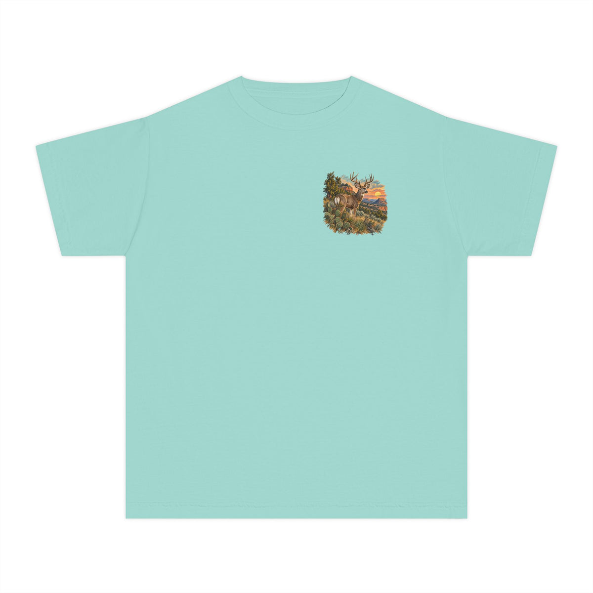 youth Caprock Critters mule deer tee with front and back West Texas sunset artwork.