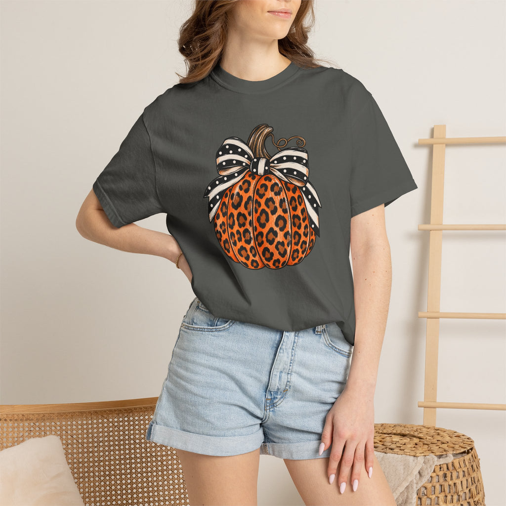 Leopard Pumpkin T-Shirt — Autumn Pumpkin Graphic Tee with Polka Dot Bow