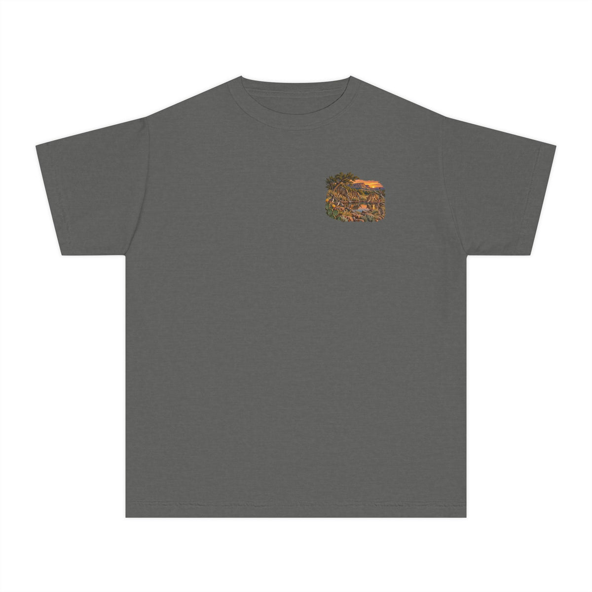 pepperyouth Caprock Critters at Sunset tee with front and back West Texas wildlife artwork.