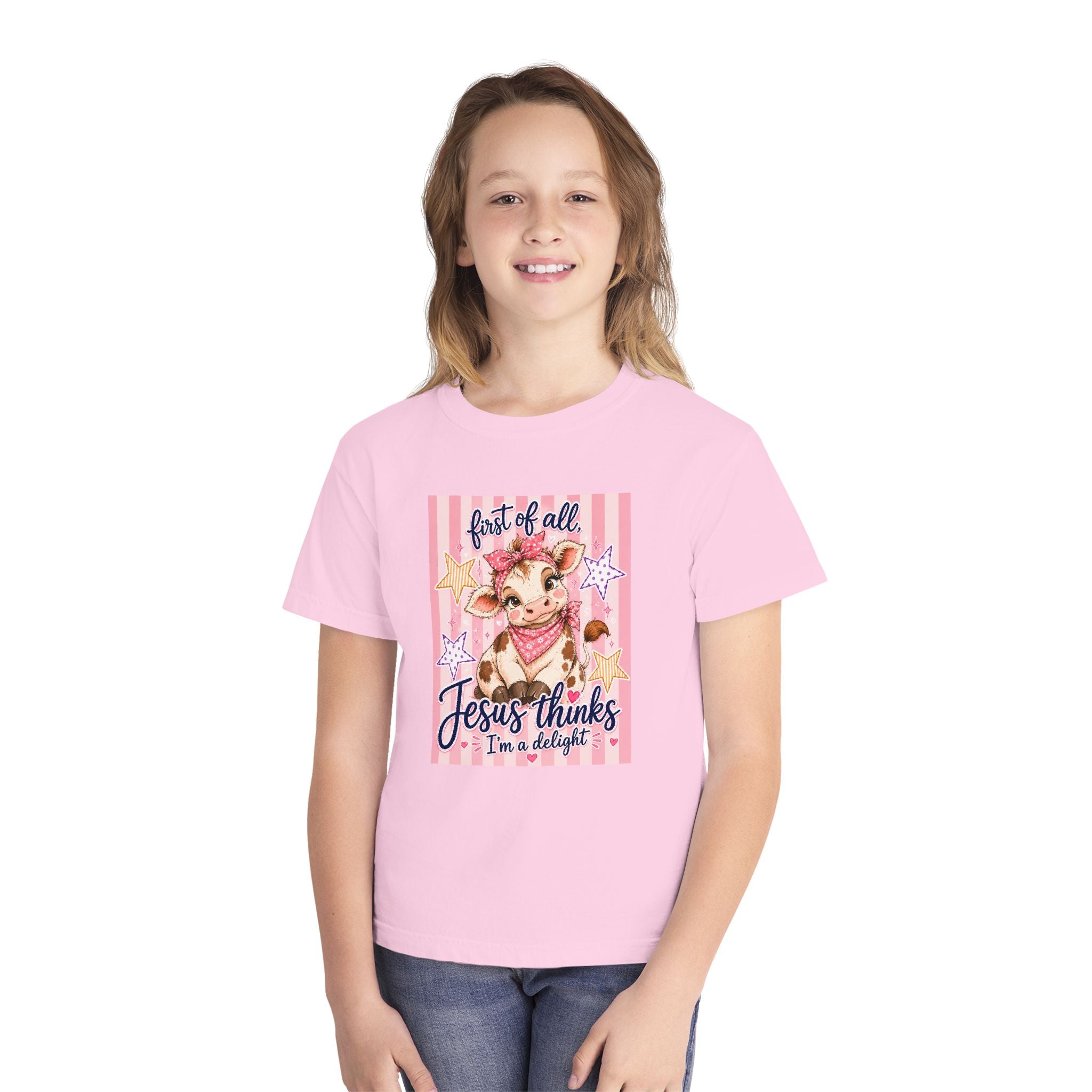 Youth Tee — “First of All, Jesus Thinks I’m a Delight” Cute Pink Cow Christian Kids Shirt