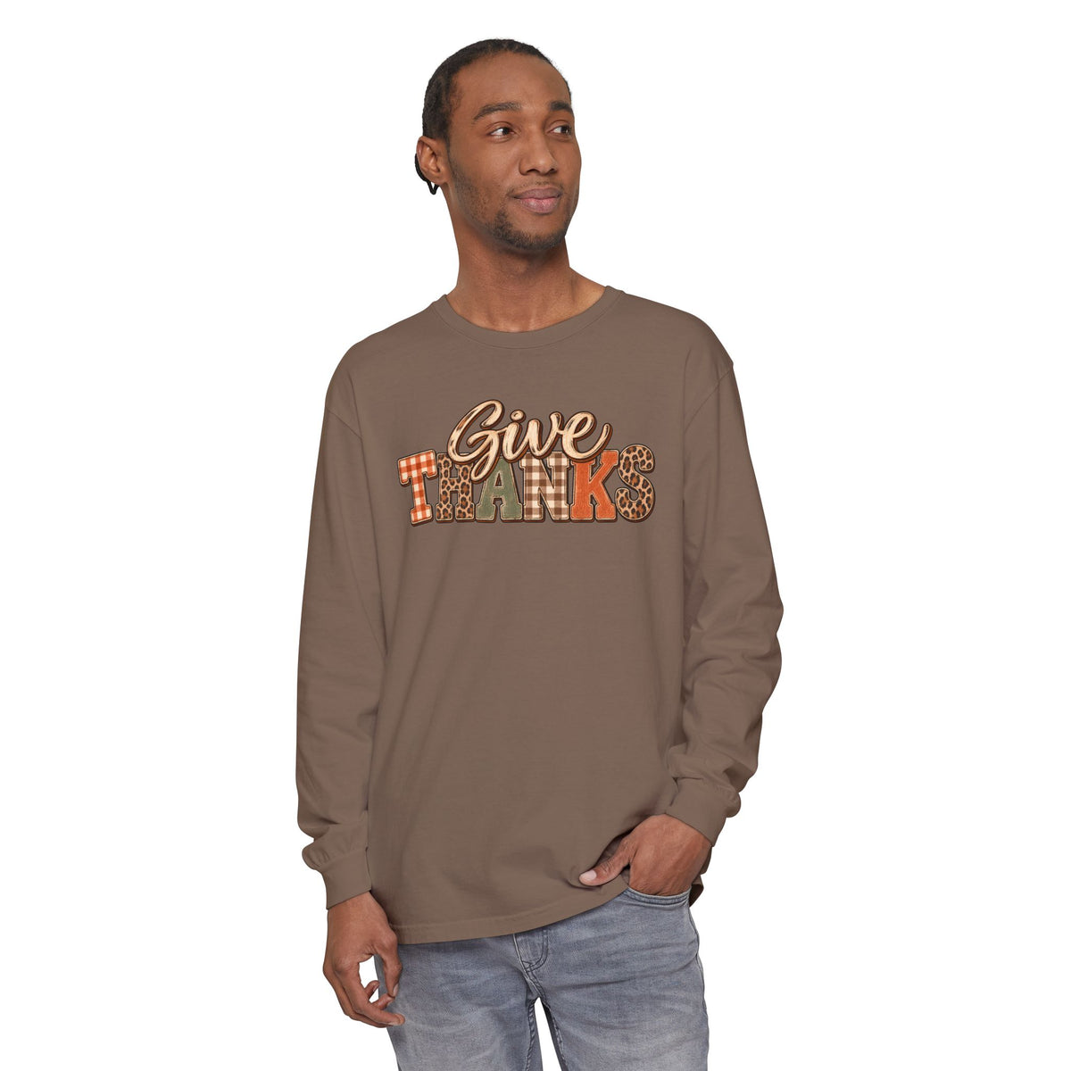 Give Thanks Long Sleeve Shirt — Thanksgiving Plaid & Leopard Graphic