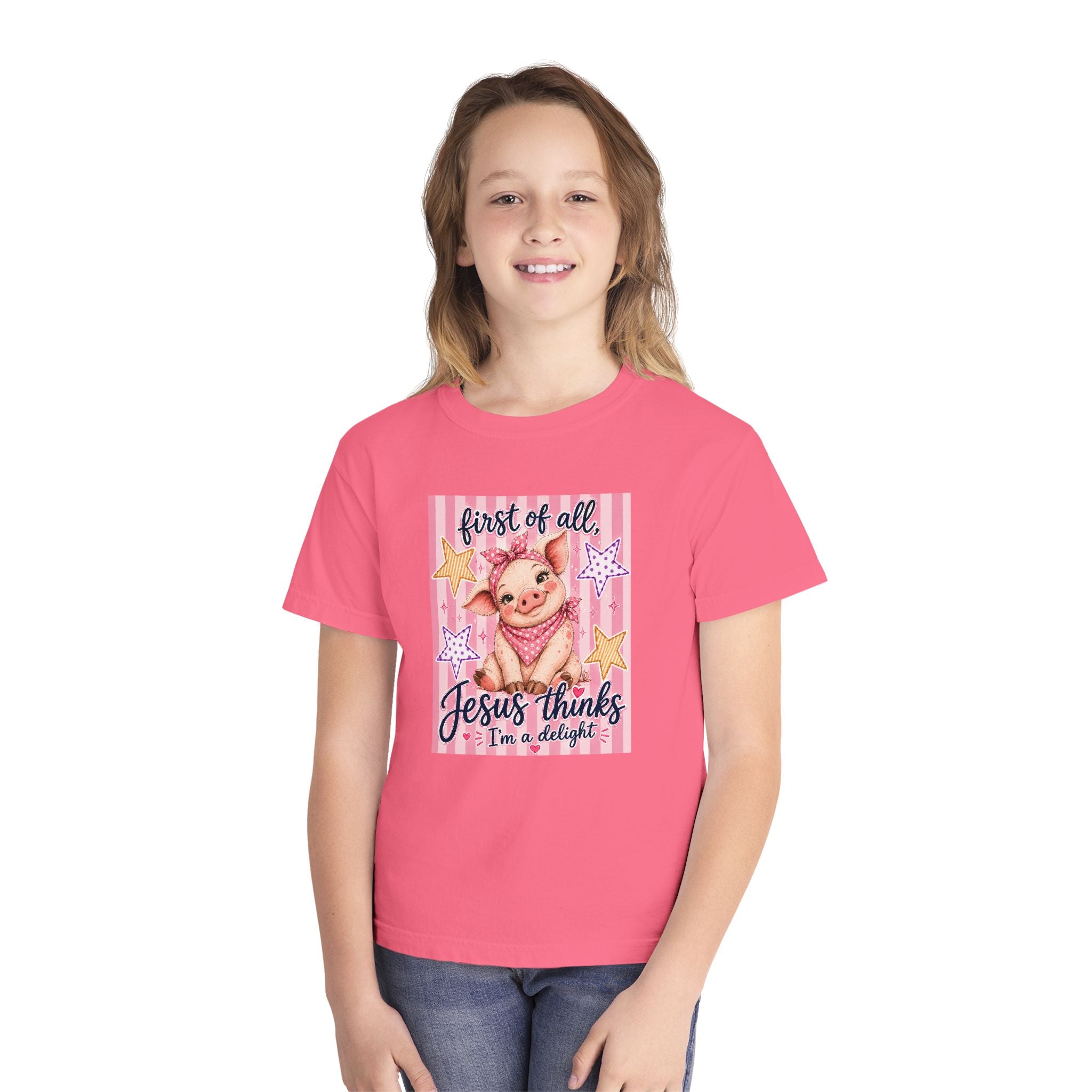 Kids Christian Tee — "First of All, Jesus Thinks I’m a Delight" Pink Piglet Graphic