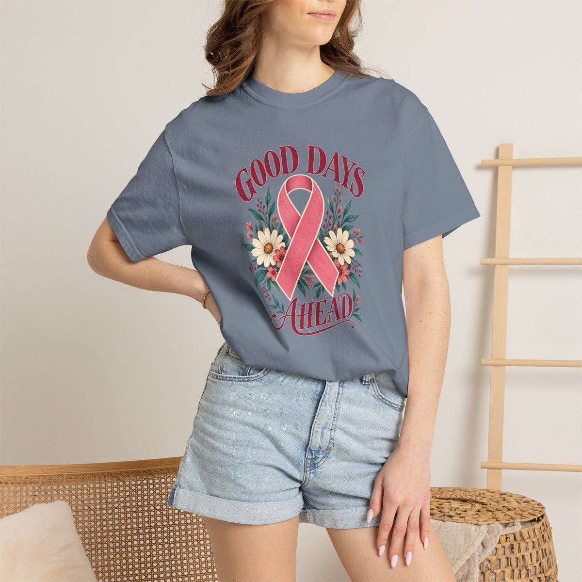 Breast Cancer Awareness T-Shirt — "Good Days Ahead" Ribbon Floral Tee