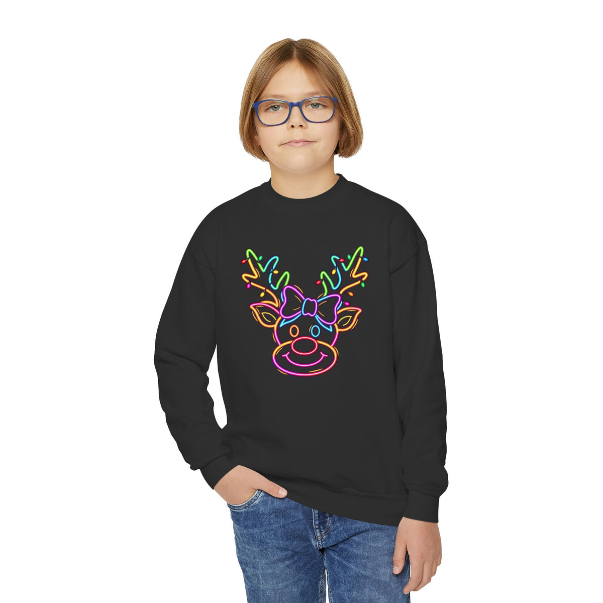 Youth Crewneck Sweatshirt with Neon Reindeer Christmas Design