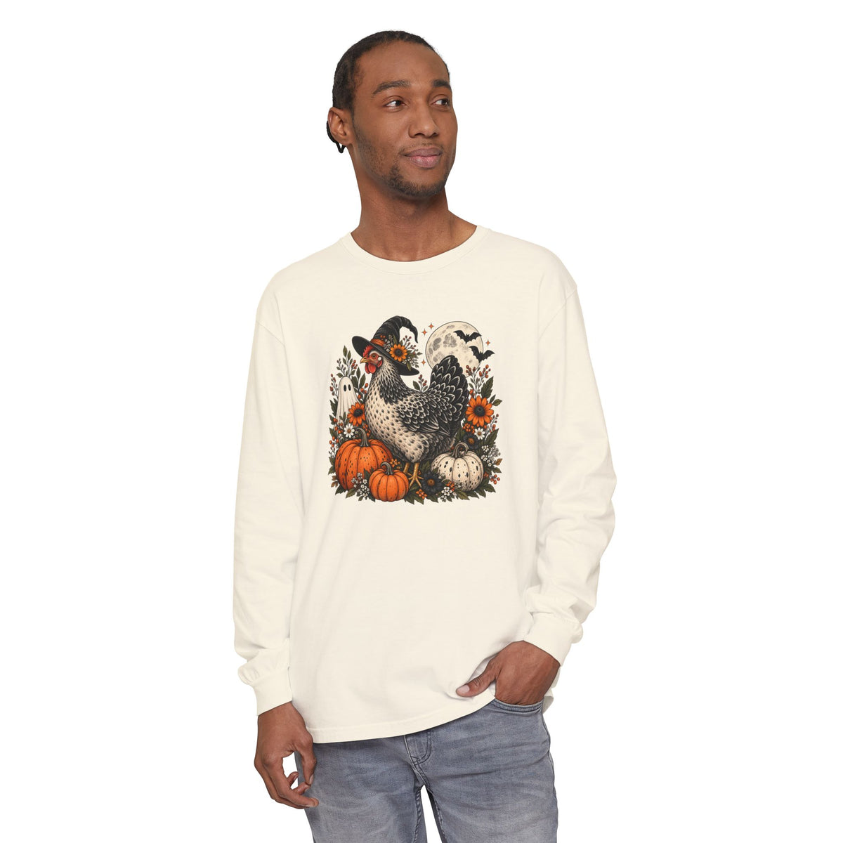Halloween Chicken Tee — Witch Hat Chicken with Pumpkins & Ghosts Long Sleeve Shirt
