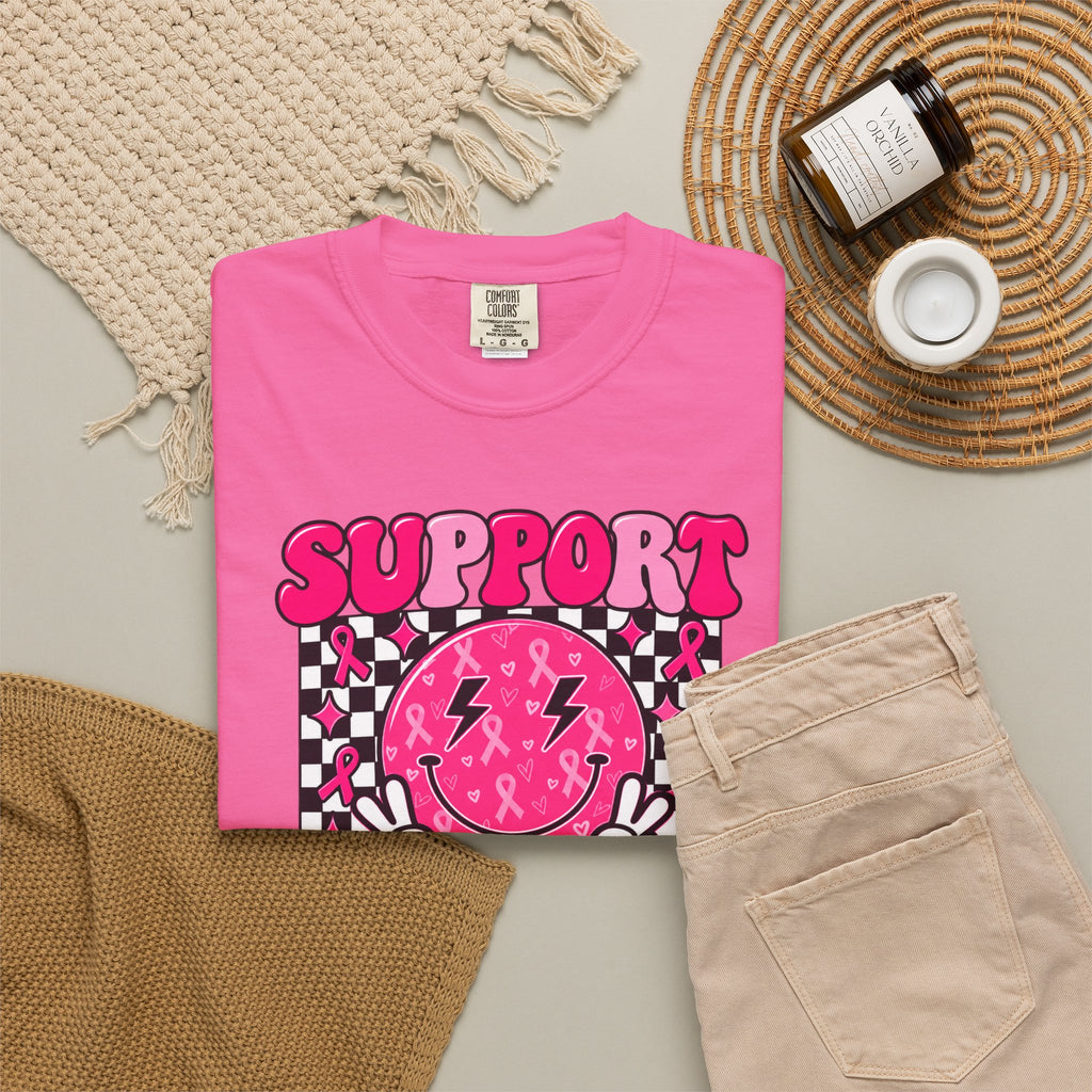 Support Squad T-Shirt — Pink Smiley Checkerboard Graphic Tee