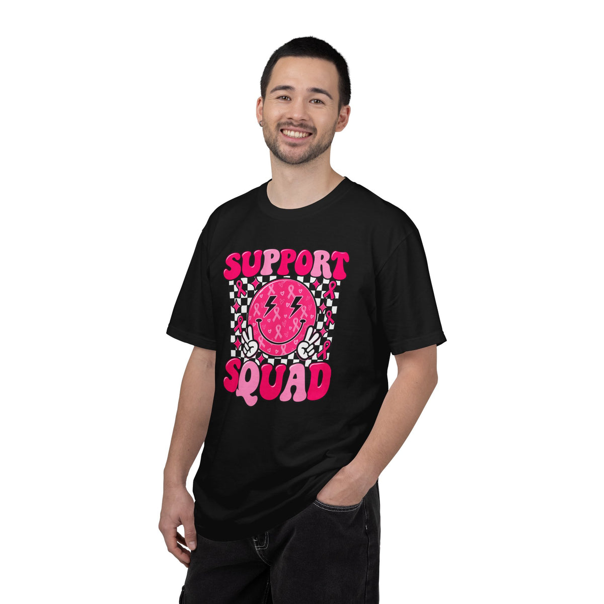 Support Squad T-Shirt — Pink Smiley Checkerboard Graphic Tee