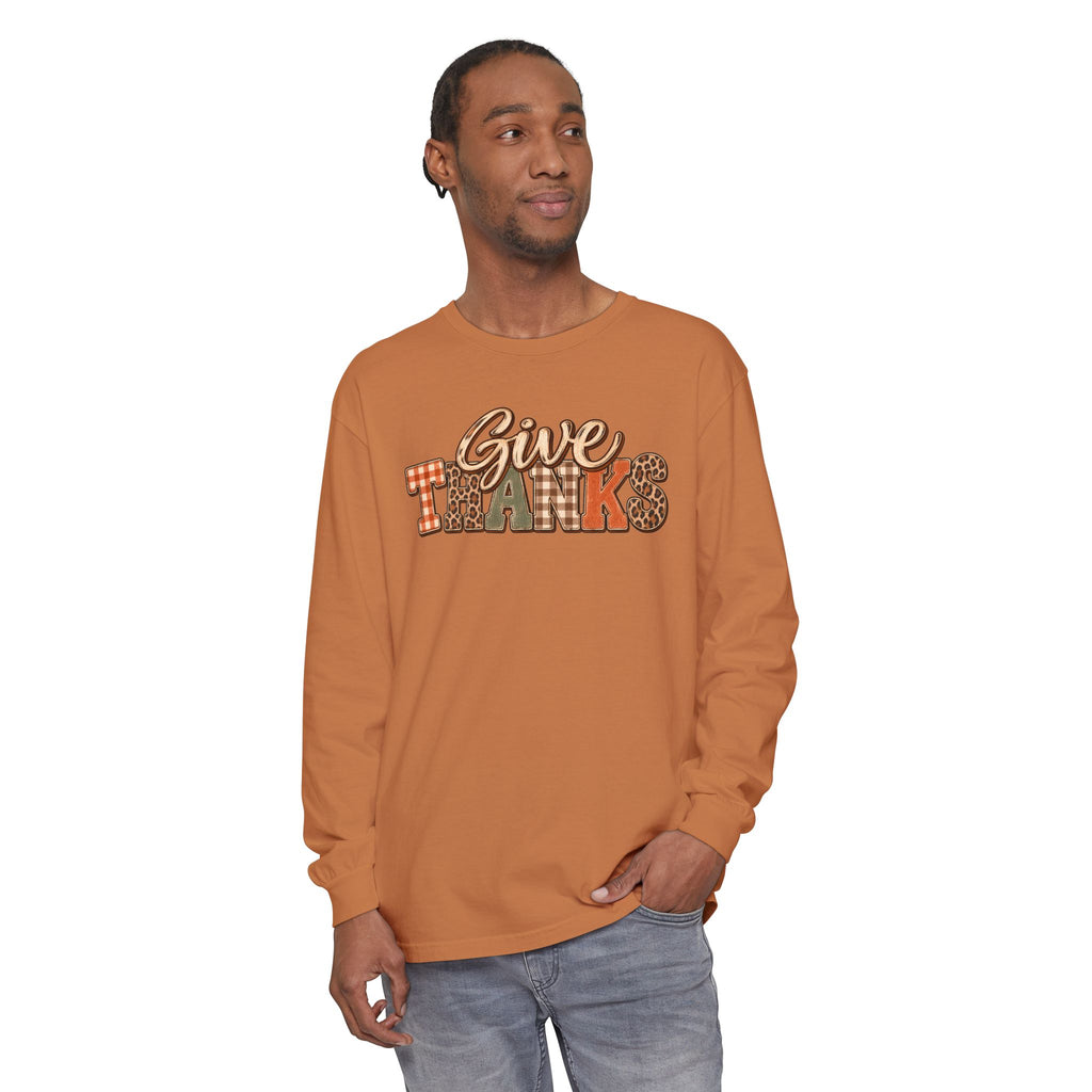 Give Thanks Long Sleeve Shirt — Thanksgiving Plaid & Leopard Graphic