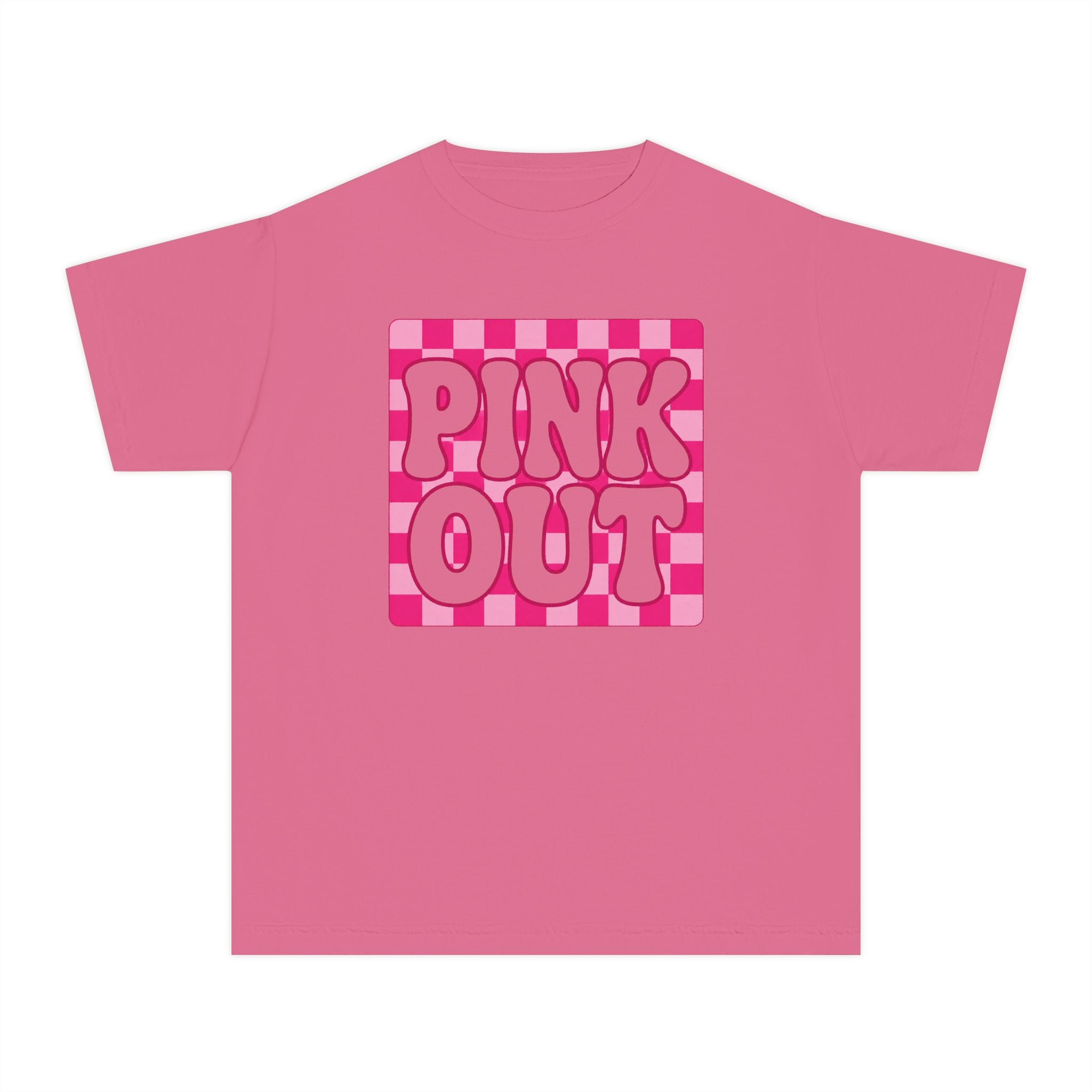 Youth Tee — "PINK OUT" Pink Check Graphic Tee for Kids (Breast Cancer Awareness, Pink Out Events)