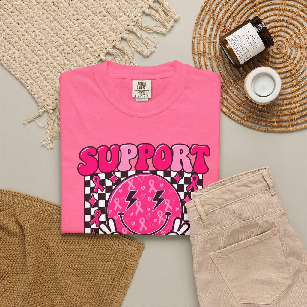 Support Squad T-Shirt — Pink Smiley Checkerboard Graphic Tee