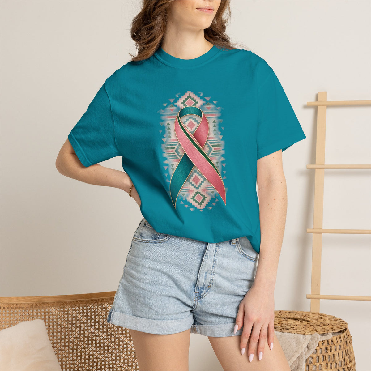 Metastatic Breast Cancer Awareness Ribbon Tee — Desert Aztec Teal & pink  Support Shirt