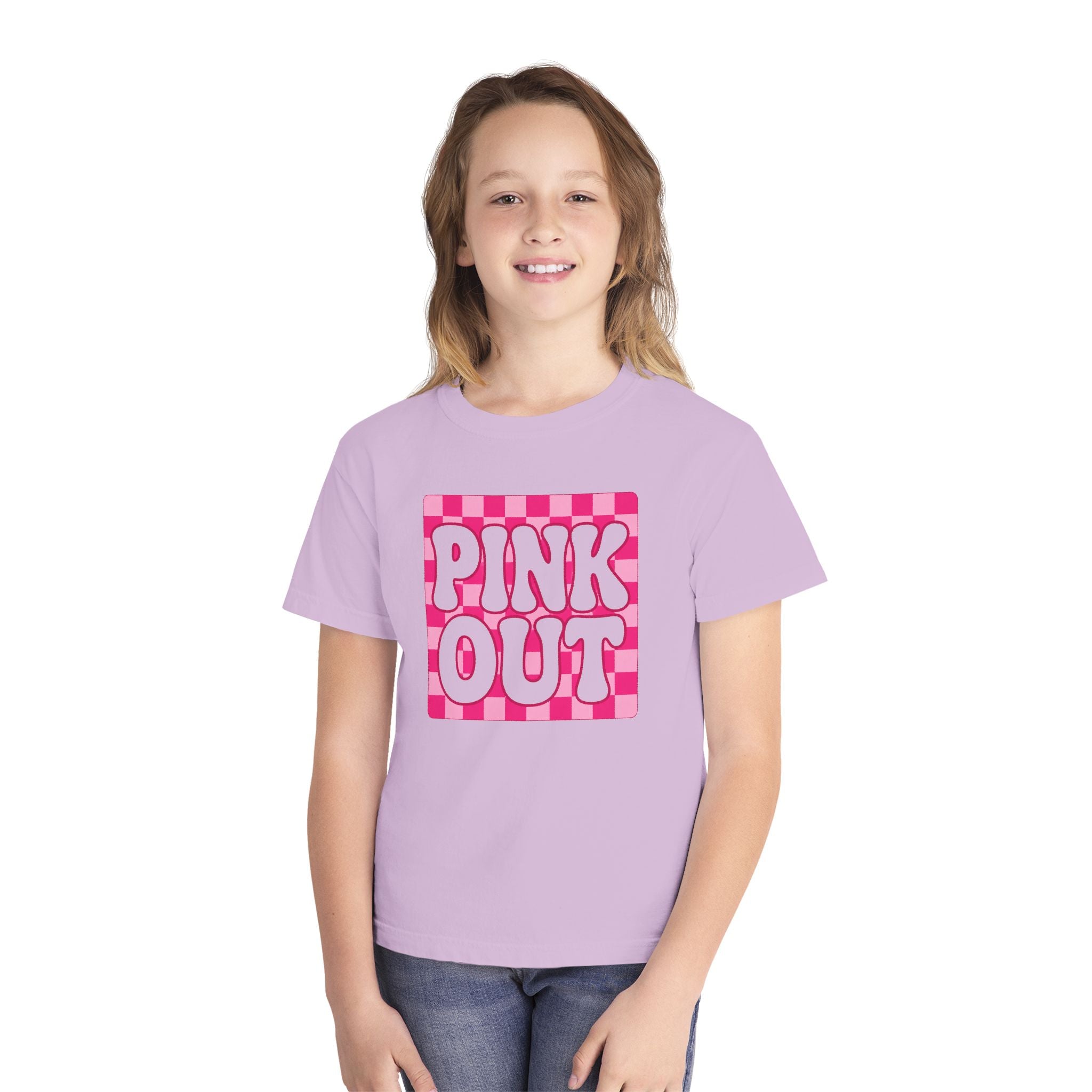 Youth Tee — "PINK OUT" Pink Check Graphic Tee for Kids (Breast Cancer Awareness, Pink Out Events)