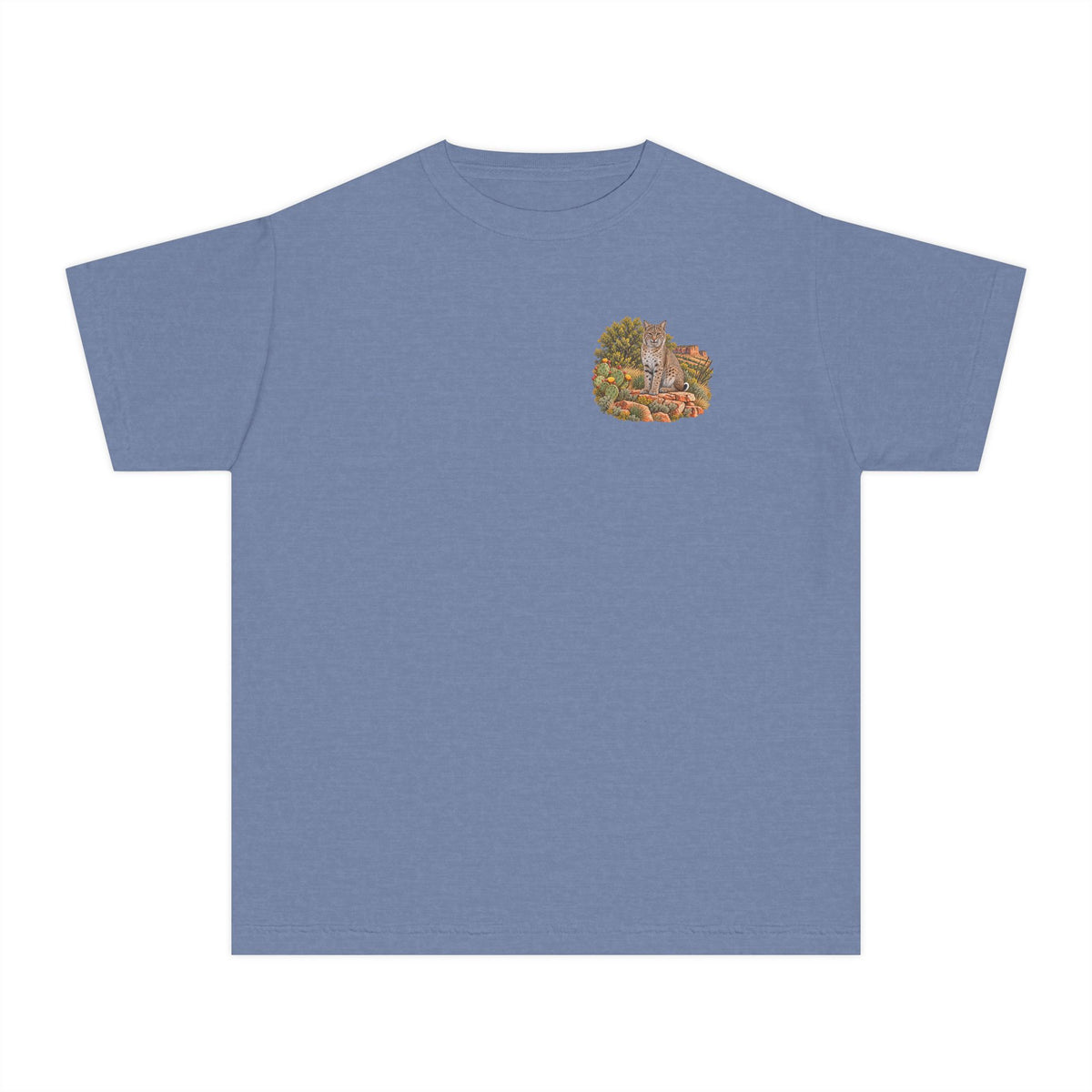 Youth Caprock Critters bobcat tee with small front design and large West Texas wildlife artwork on the back