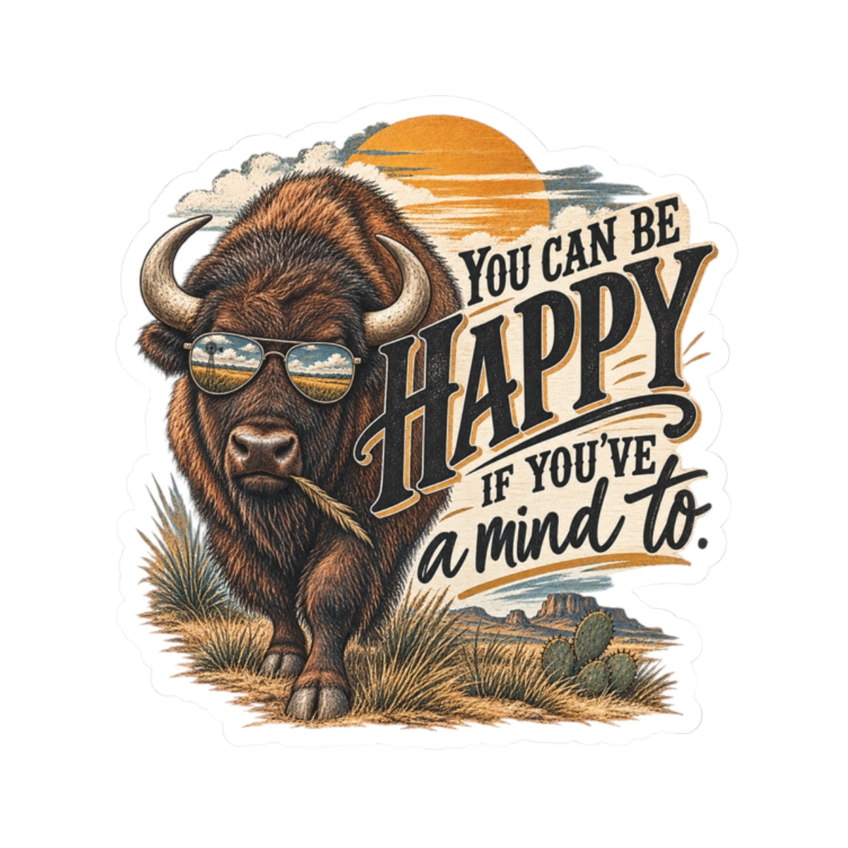 You Can Be Happy Buffalo Sticker — Retro Western Motivational Kiss-Cut Sticker