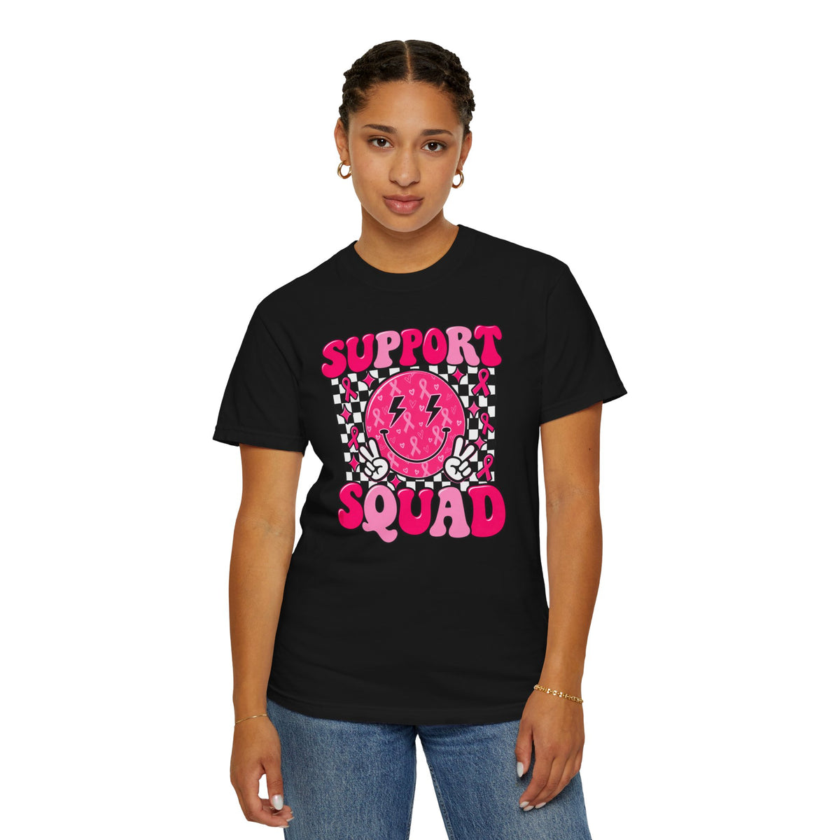 Support Squad T-Shirt — Pink Smiley Checkerboard Graphic Tee