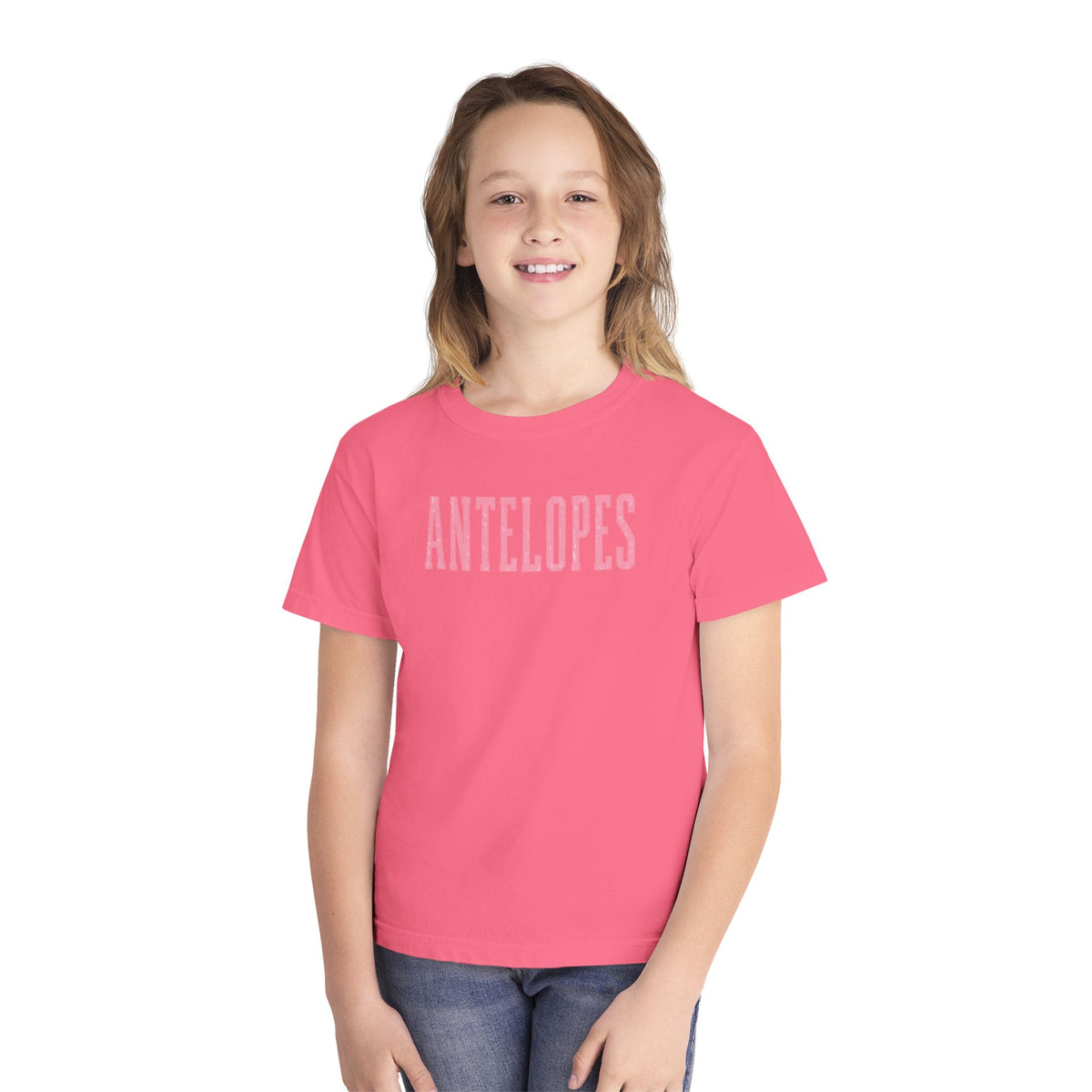 Youth Tee – 'Antelopes' Pink Lettering Charcoal Kids Shirt