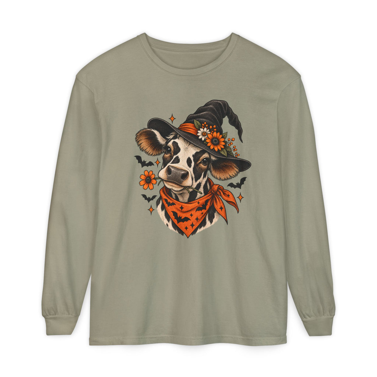 Halloween Witch Cow Long Sleeve Tee — Witchy Cow with Bats & Autumn Florals