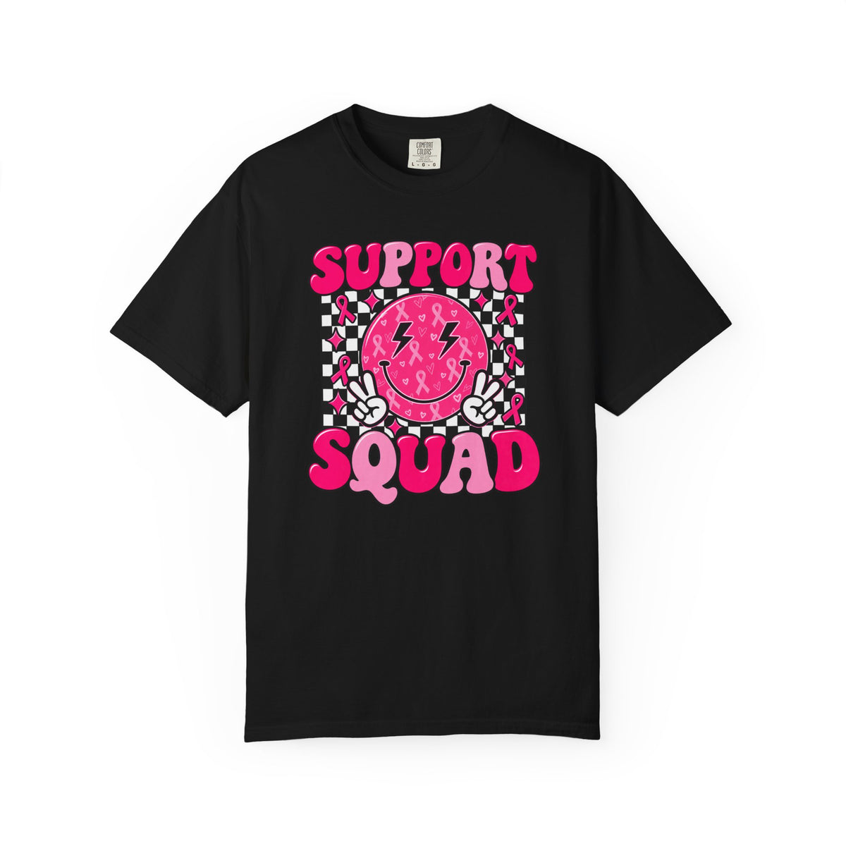 Support Squad T-Shirt — Pink Smiley Checkerboard Graphic Tee