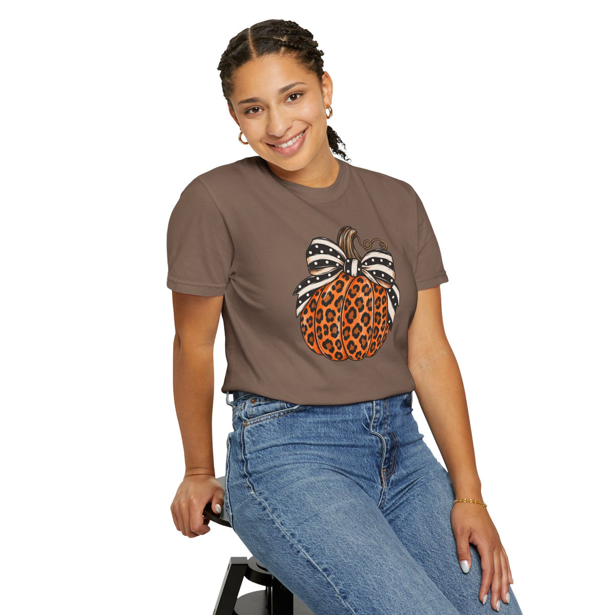 Leopard Pumpkin T-Shirt — Autumn Pumpkin Graphic Tee with Polka Dot Bow