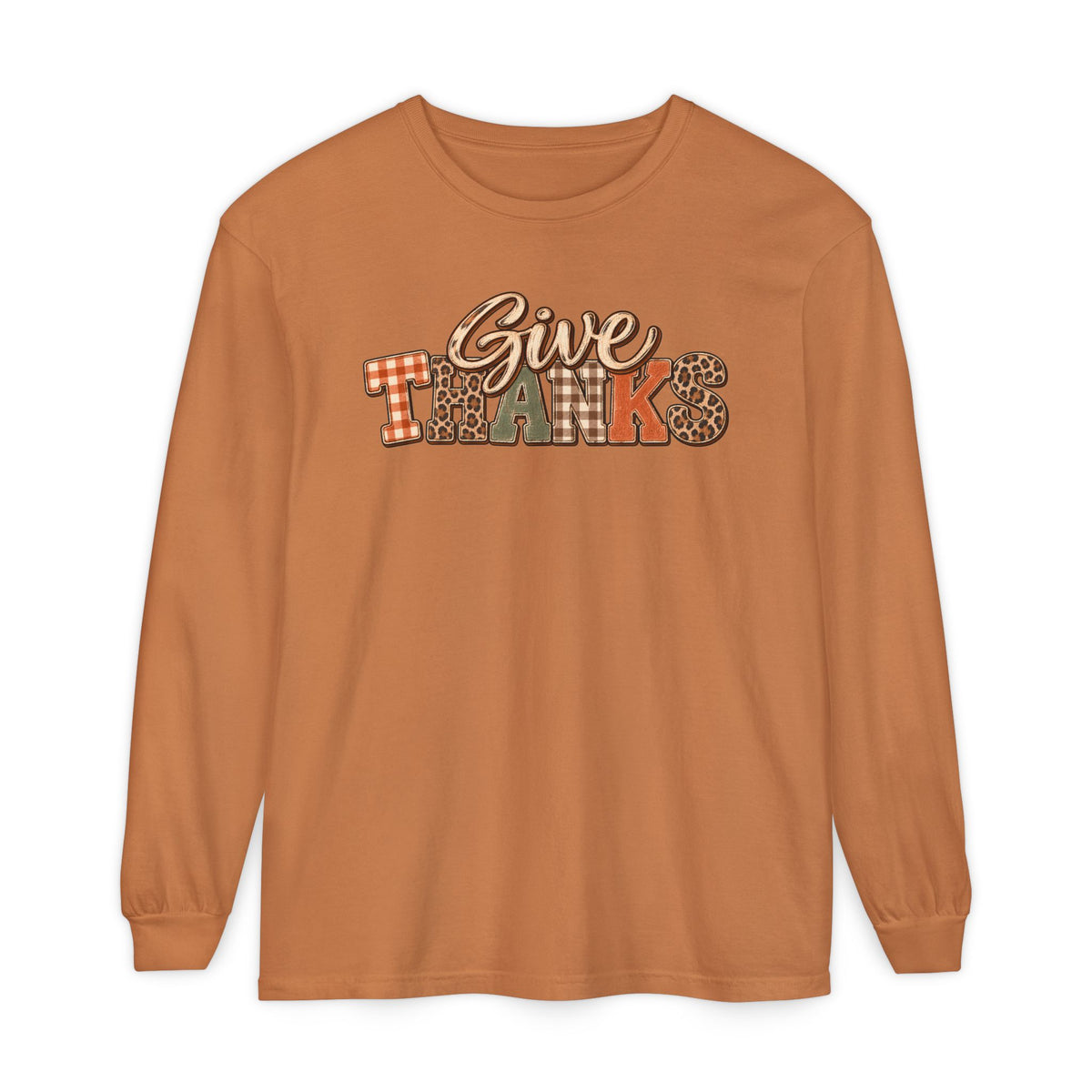 Give Thanks Long Sleeve Shirt — Thanksgiving Plaid & Leopard Graphic