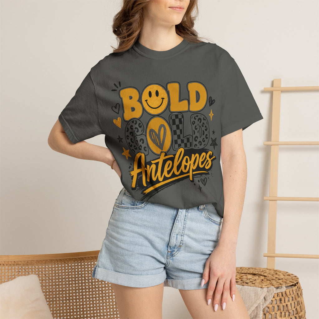 Bold Gold Antelopes Graphic T-Shirt — Cheerful Retro Smile Design