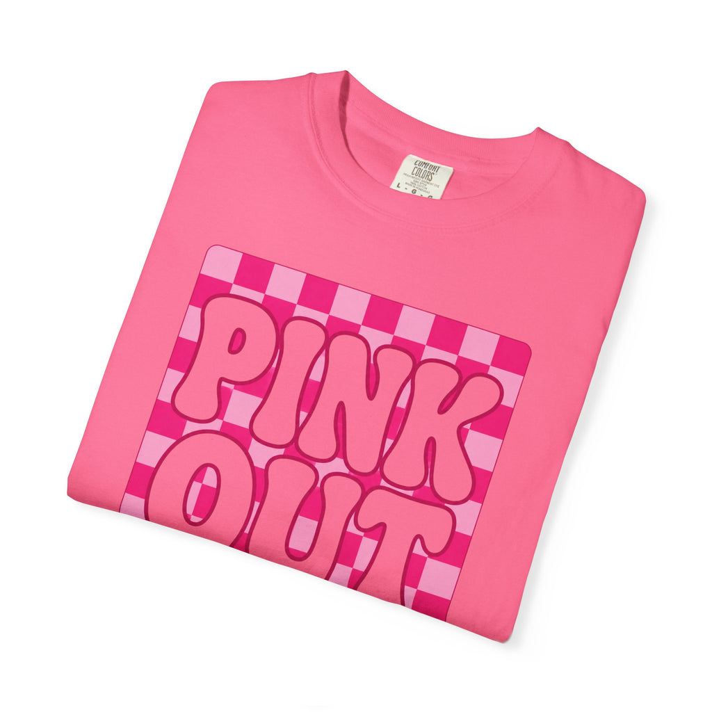 Pink Out Checkerboard T-Shirt — Retro Bubble Letter Graphic Tee