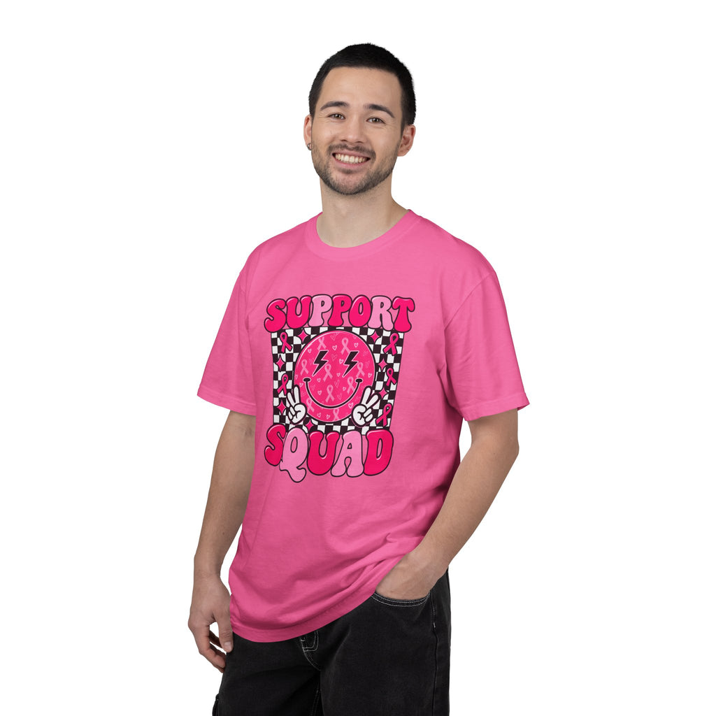 Support Squad T-Shirt — Pink Smiley Checkerboard Graphic Tee