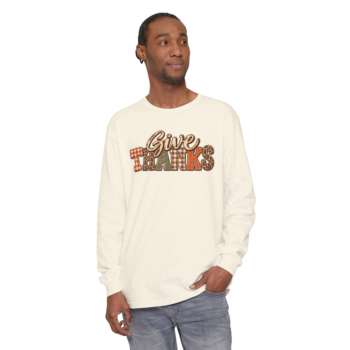 Give Thanks Long Sleeve Shirt — Thanksgiving Plaid & Leopard Graphic
