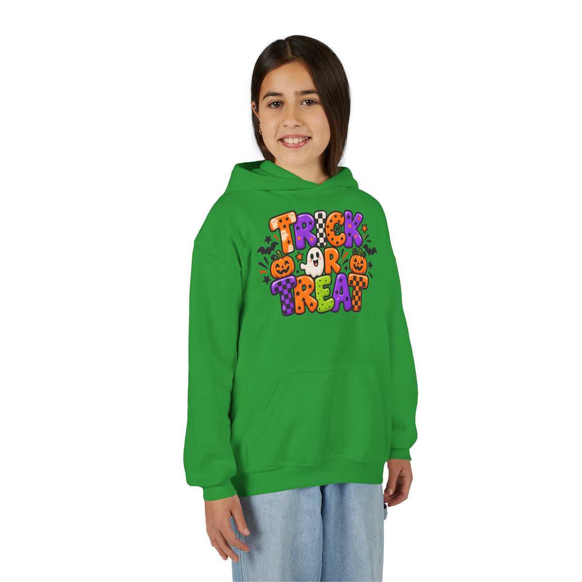 Youth Halloween Hoodie - "Trick or Treat" Colorful Pumpkin Design