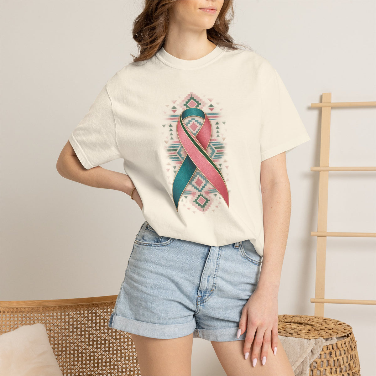 Metastatic Breast Cancer Awareness Ribbon Tee — Desert Aztec Teal & pink  Support Shirt
