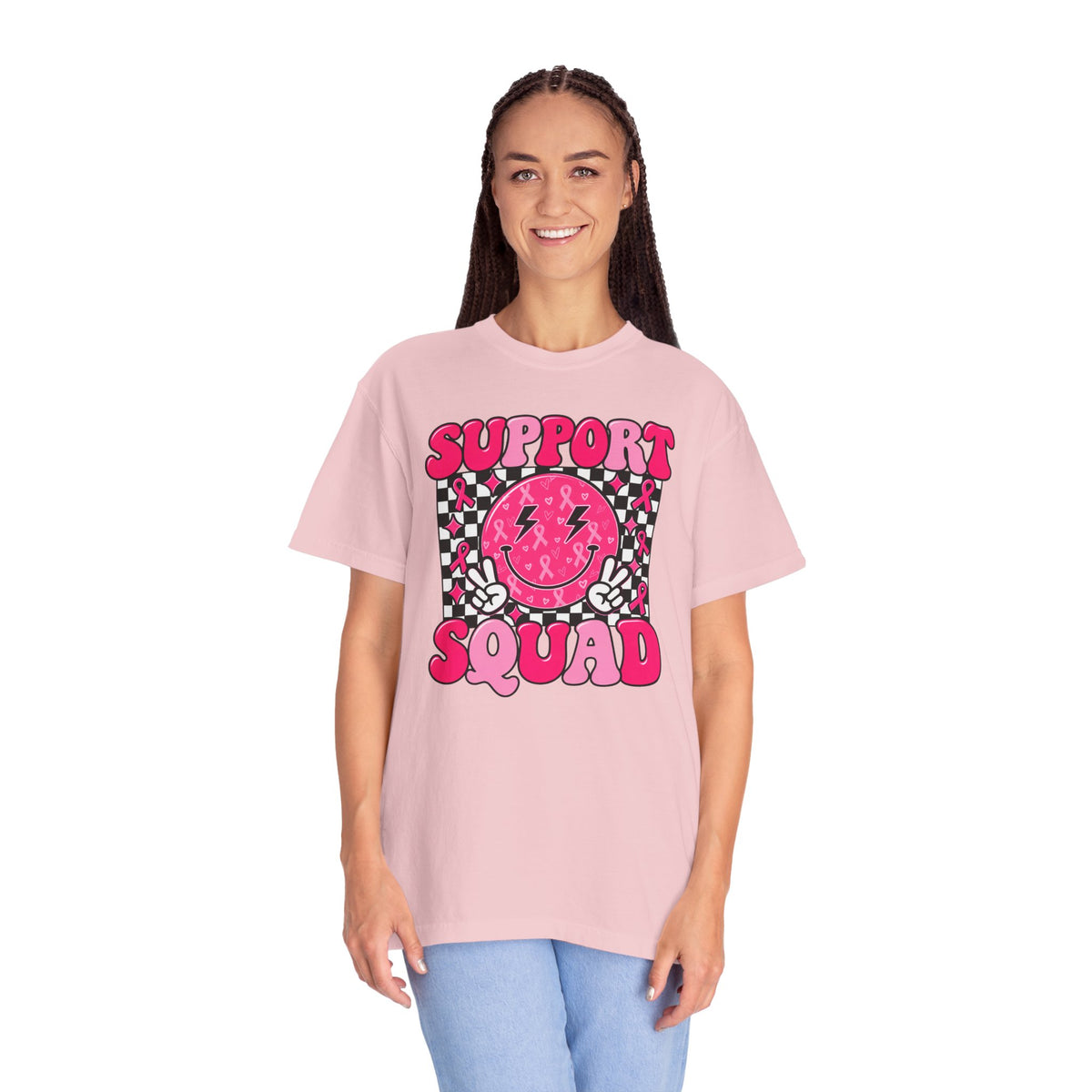 Support Squad T-Shirt — Pink Smiley Checkerboard Graphic Tee