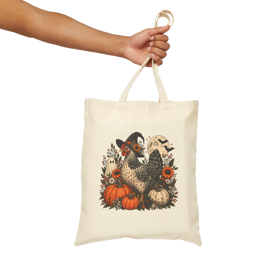 Autumn Witchy Chicken Cotton Canvas Tote — Pumpkin, Moon & Chicken Halloween Market Bag
