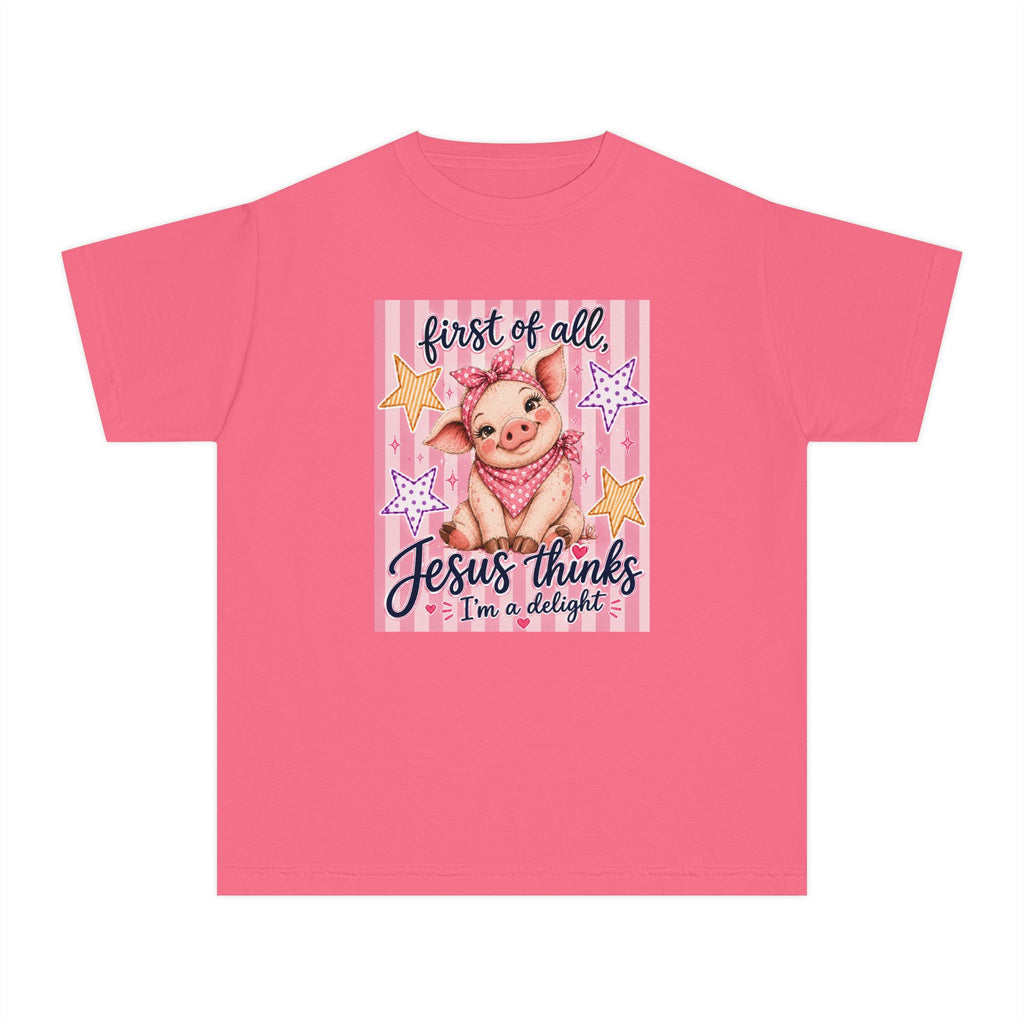 Kids Christian Tee — "First of All, Jesus Thinks I’m a Delight" Pink Piglet Graphic