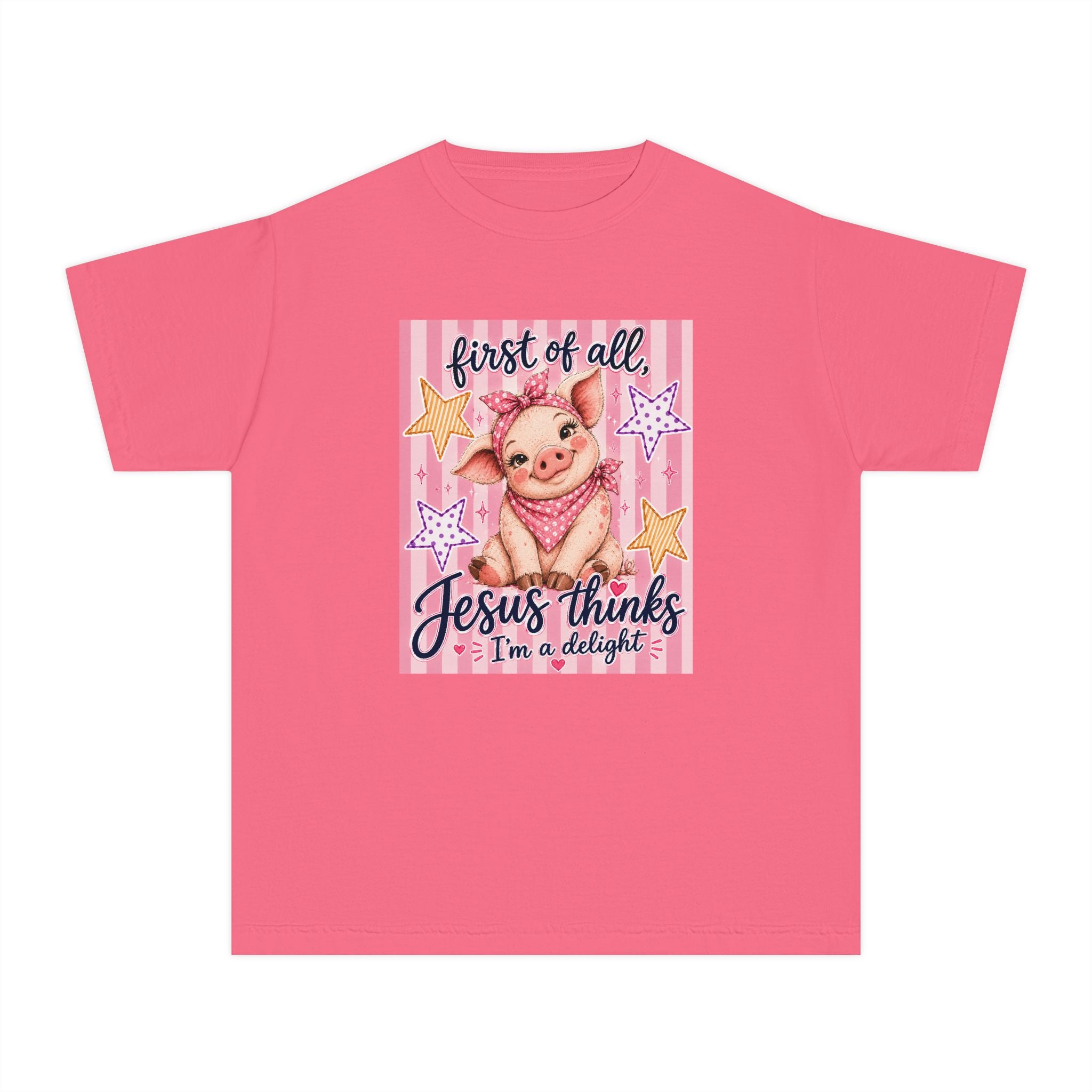 Kids Christian Tee — "First of All, Jesus Thinks I’m a Delight" Pink Piglet Graphic