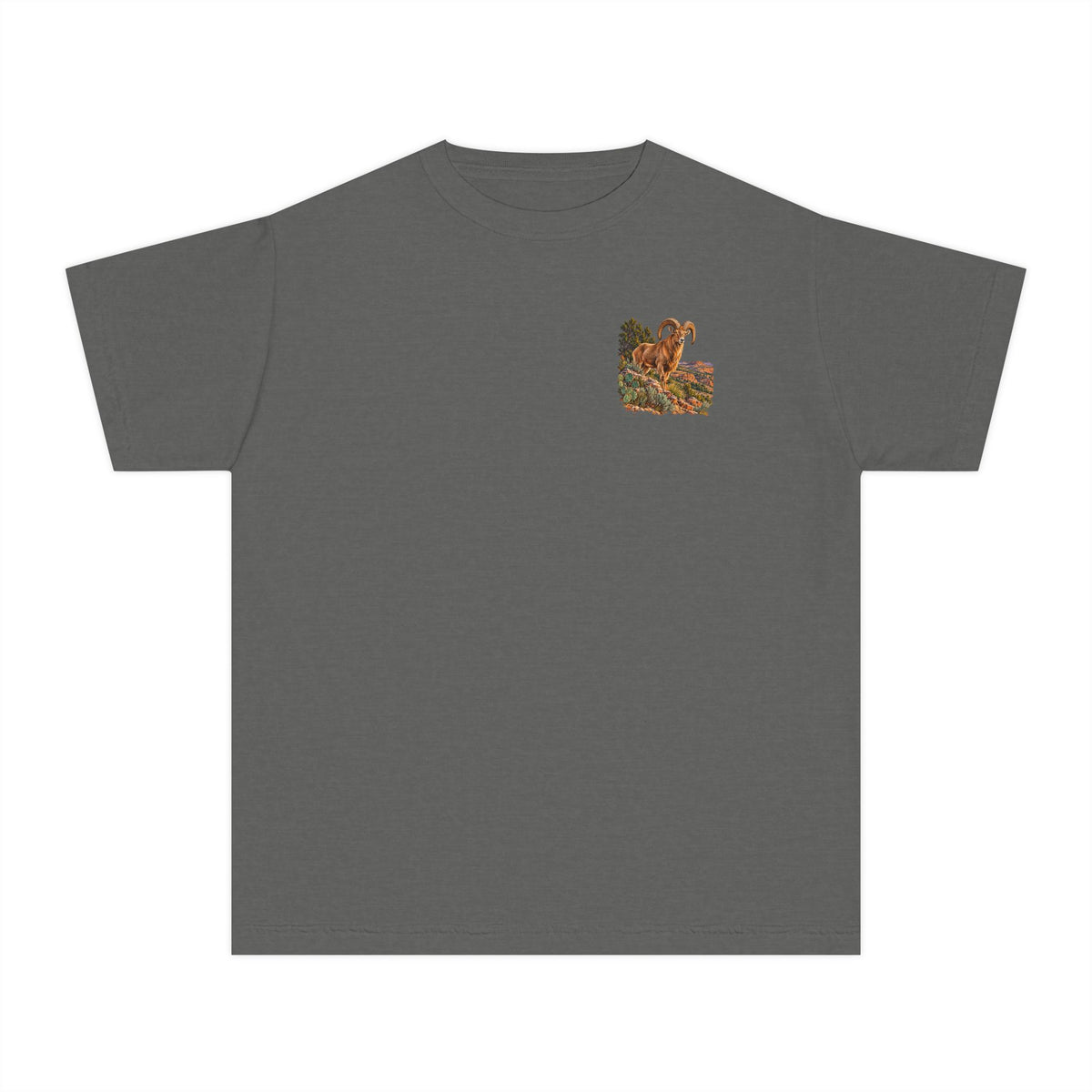 Pepper youth Caprock Critters desert bighorn tee with front and back West Texas wildlife artwork.