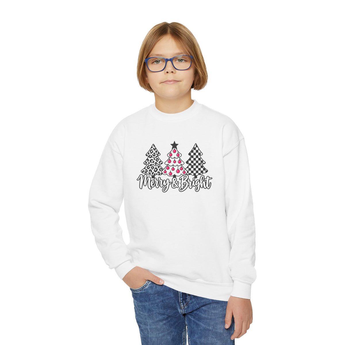 Merry & Bright Christmas Tree Youth Crewneck Sweatshirt
