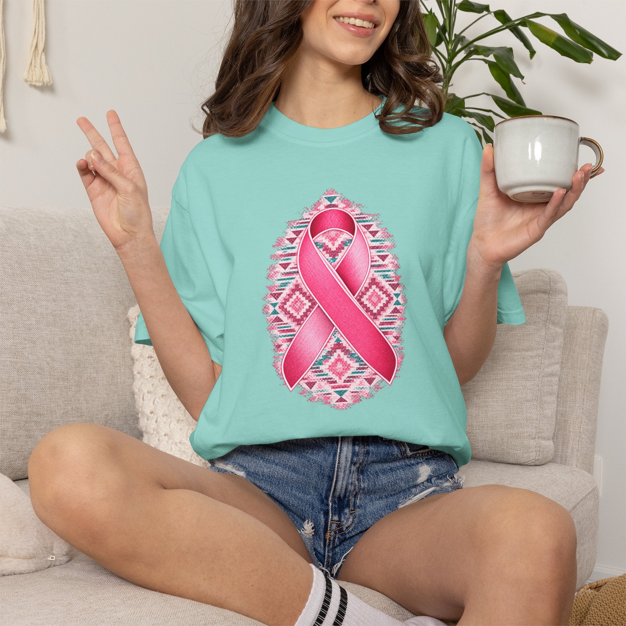 Breast Cancer Awareness Ribbon T-Shirt — Pink Ribbon Floral Tribal Tee