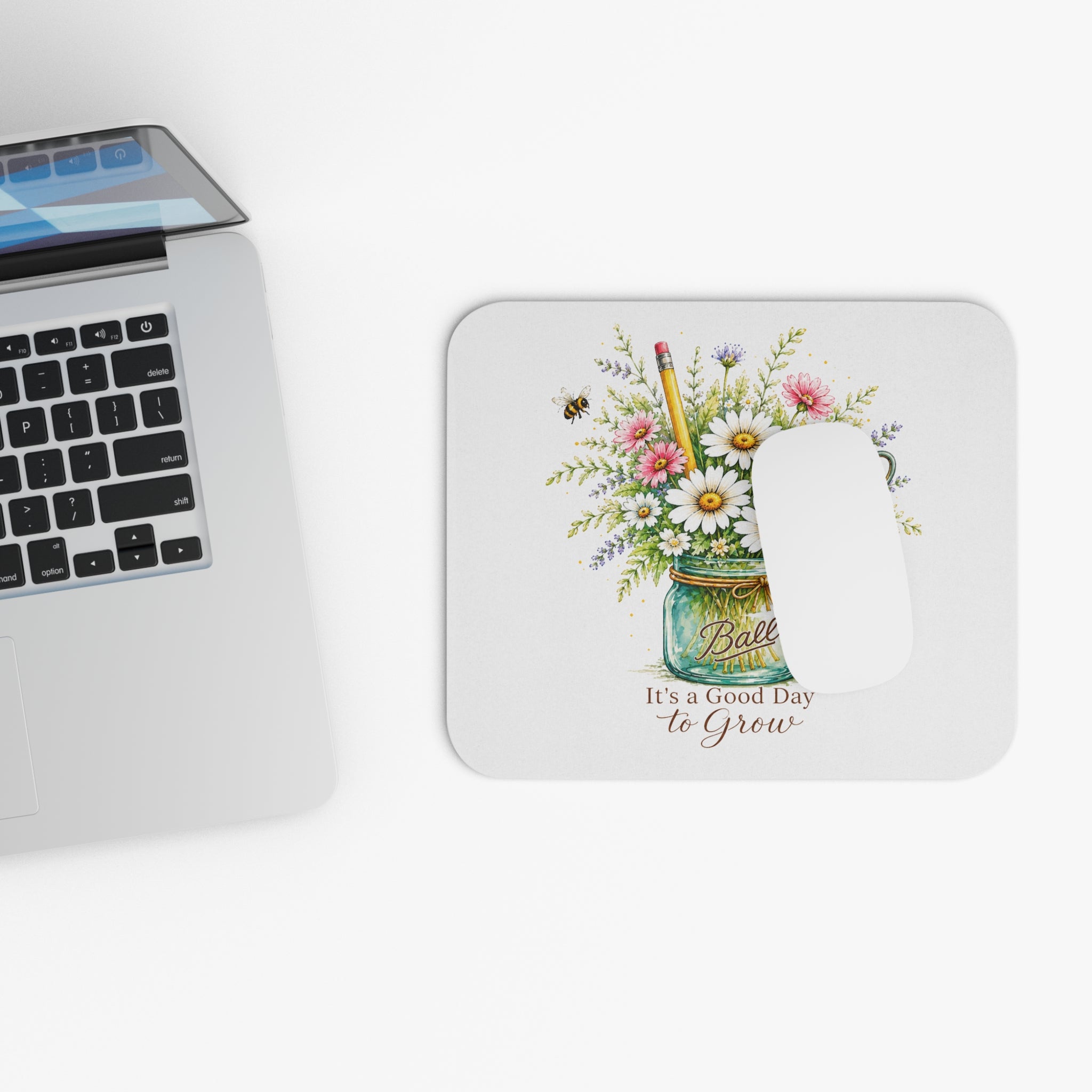Mouse Pad — "It's a Good Day to Grow" Floral and School Supplies Mason Jar Bouquet | Teacher Desk