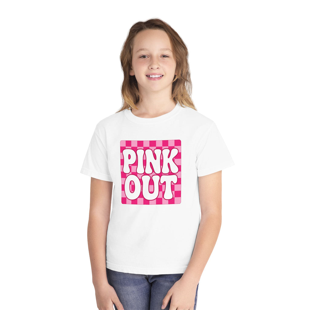Youth Tee — "PINK OUT" Pink Check Graphic Tee for Kids (Breast Cancer Awareness, Pink Out Events)