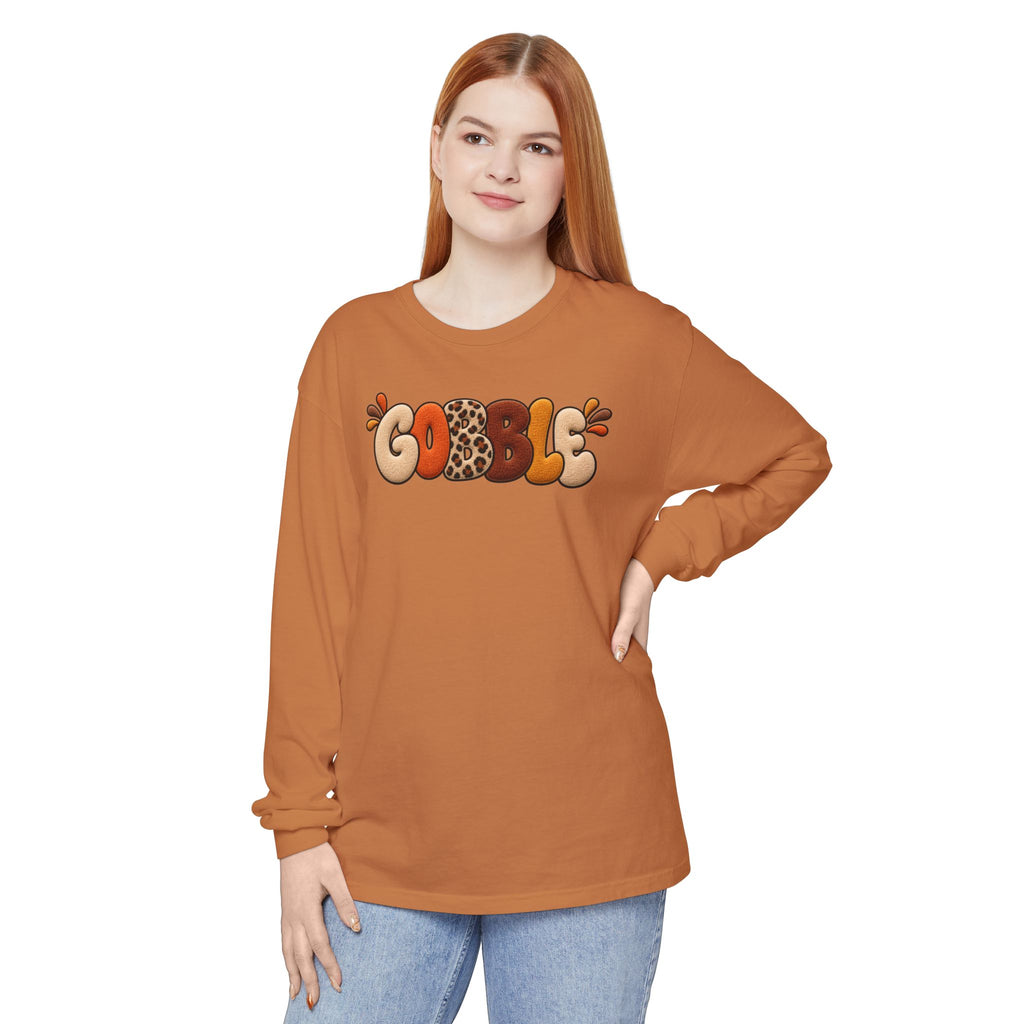 Gobble Thanksgiving Long Sleeve T-Shirt — Retro Turkey Fall Graphic