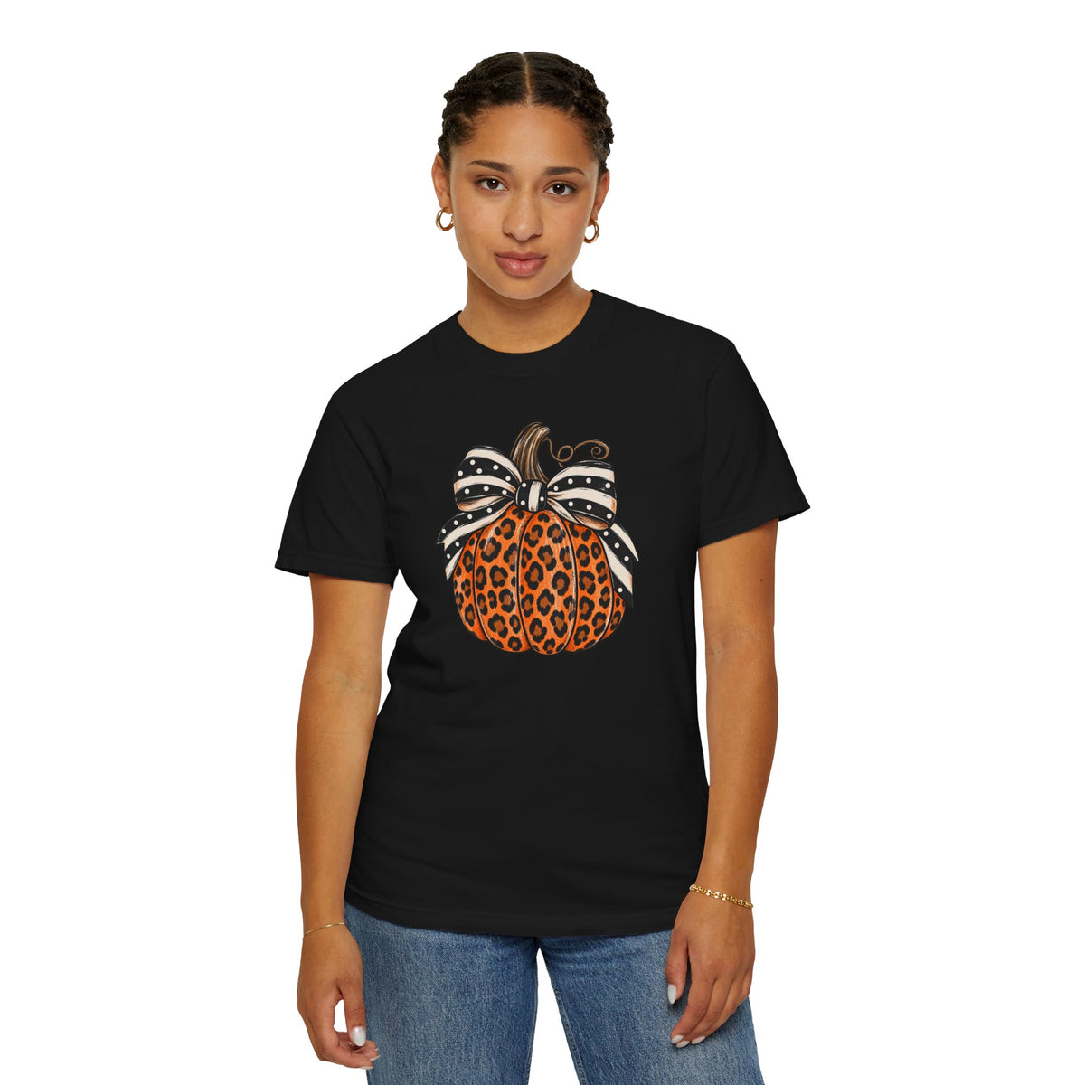 Leopard Pumpkin T-Shirt — Autumn Pumpkin Graphic Tee with Polka Dot Bow