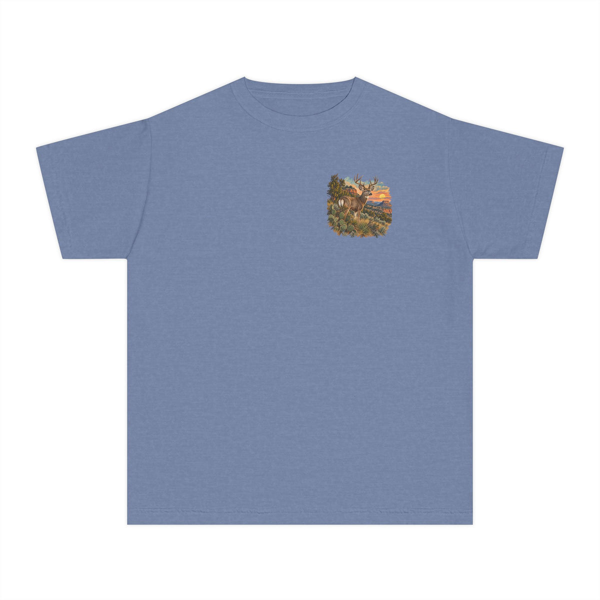 youth Caprock Critters mule deer tee with front and back West Texas sunset artwork.