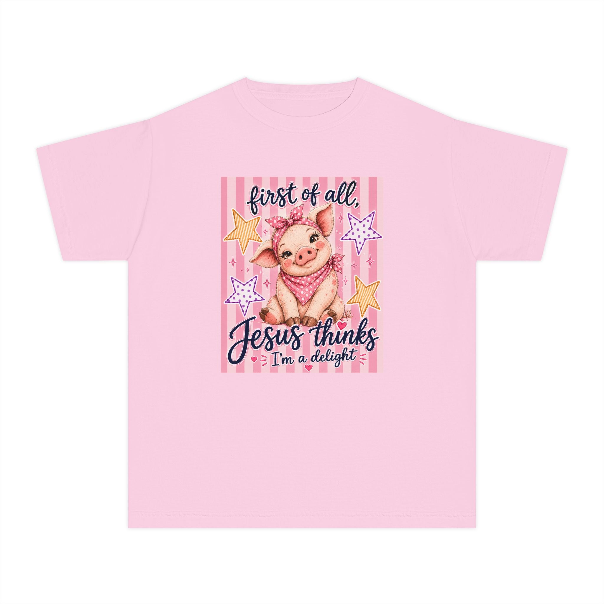 Kids Christian Tee — "First of All, Jesus Thinks I’m a Delight" Pink Piglet Graphic