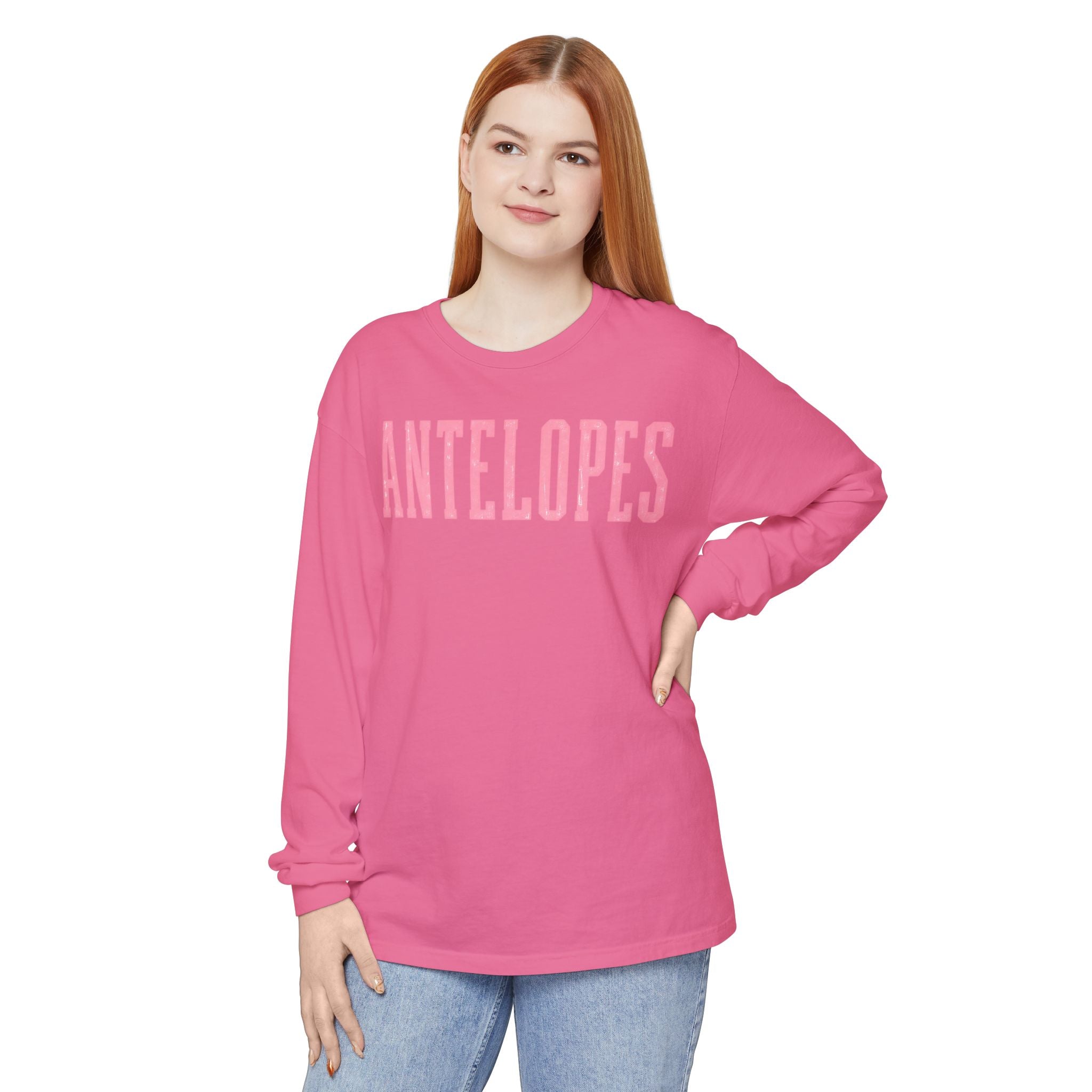 Antelopes Long Sleeve T‑Shirt — Vintage Collegiate Pink Logo