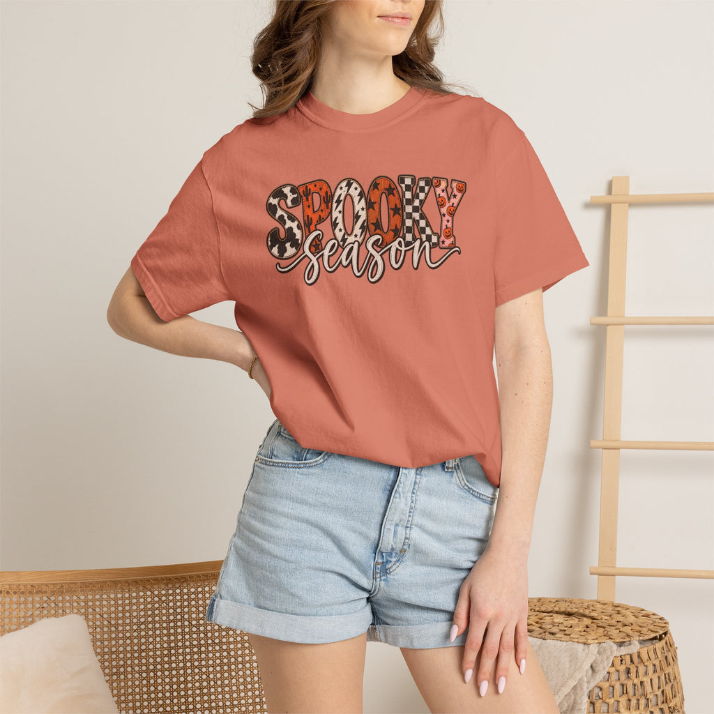 Spooky Season T-Shirt — Halloween Graphic Tee with Leopard & Pumpkin Print