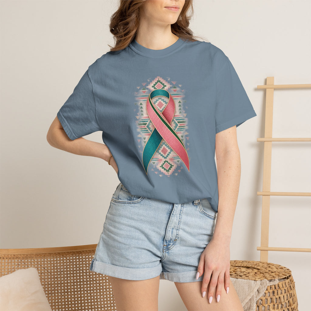 Metastatic Breast Cancer Awareness Ribbon Tee — Desert Aztec Teal & pink  Support Shirt