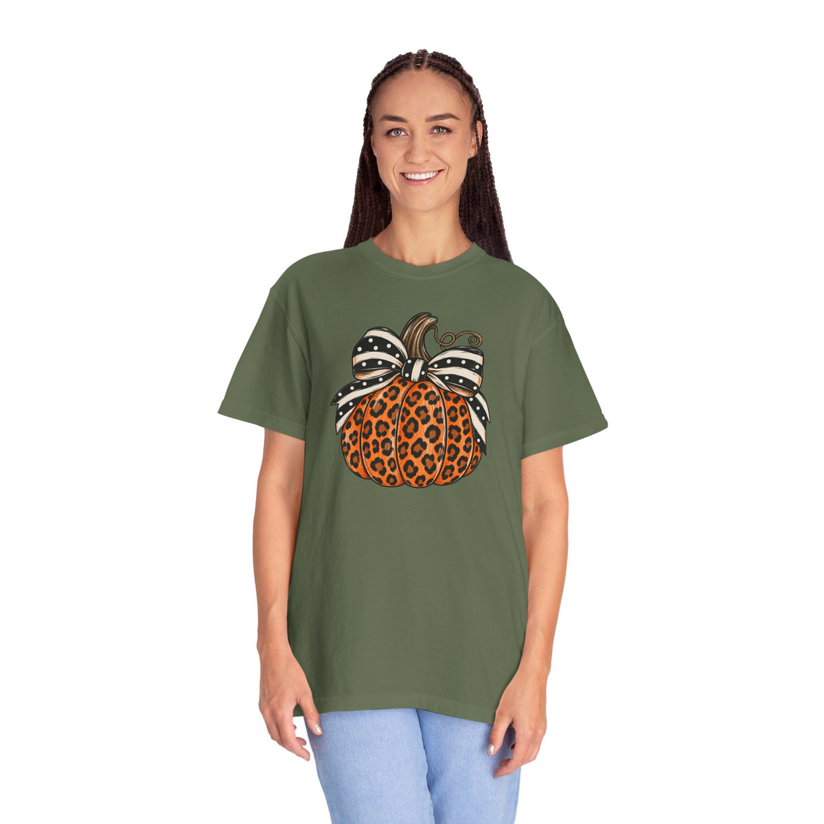 Leopard Pumpkin T-Shirt — Autumn Pumpkin Graphic Tee with Polka Dot Bow